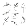 Vector set of hand drawn doodle paper airplane isolated on white background.